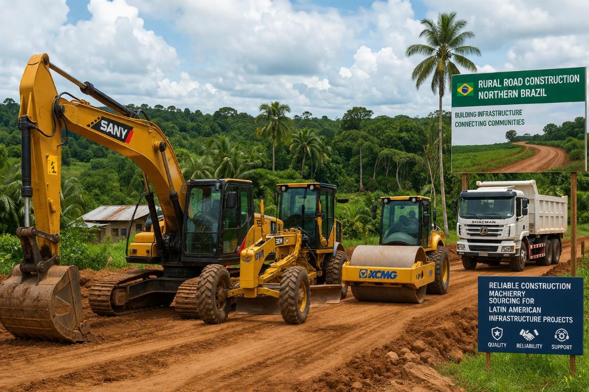 Reliable construction machinery sourcing for Latin American infrastructure projects Construction machinery fleet deployed for rural road construction in northern Brazil