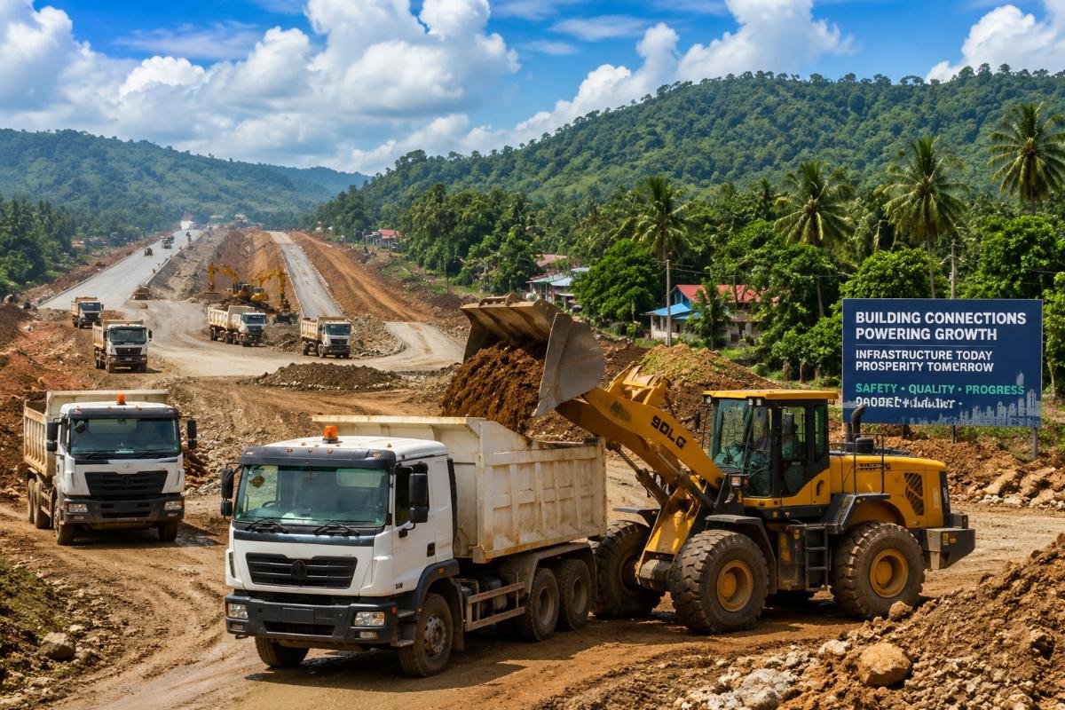 Southeast Asia construction worksite with a fleet of dump trucks and wheel loaders operating on a rural highway project