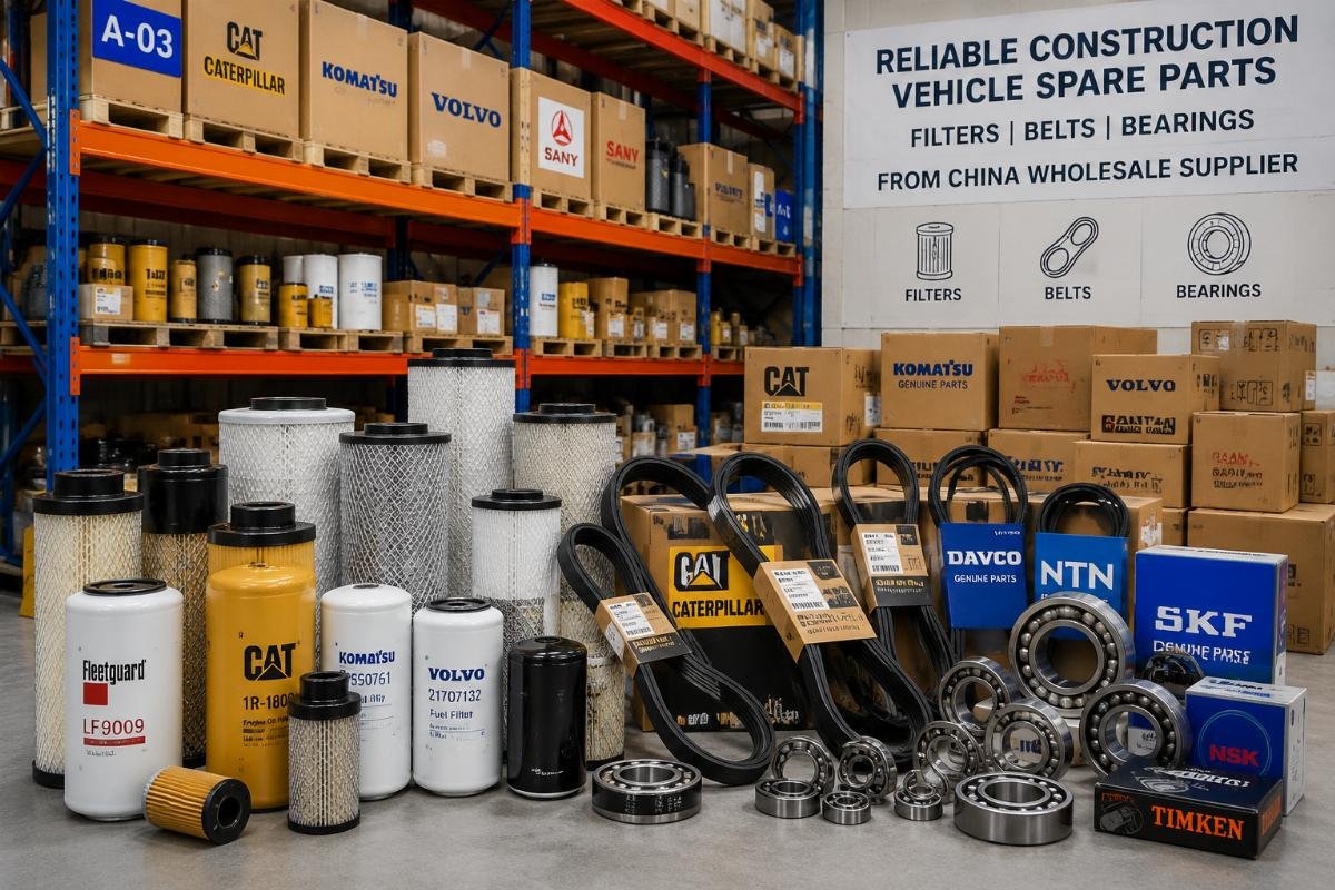 A warehouse of stacked construction vehicle spare parts including filters, belts, and bearings