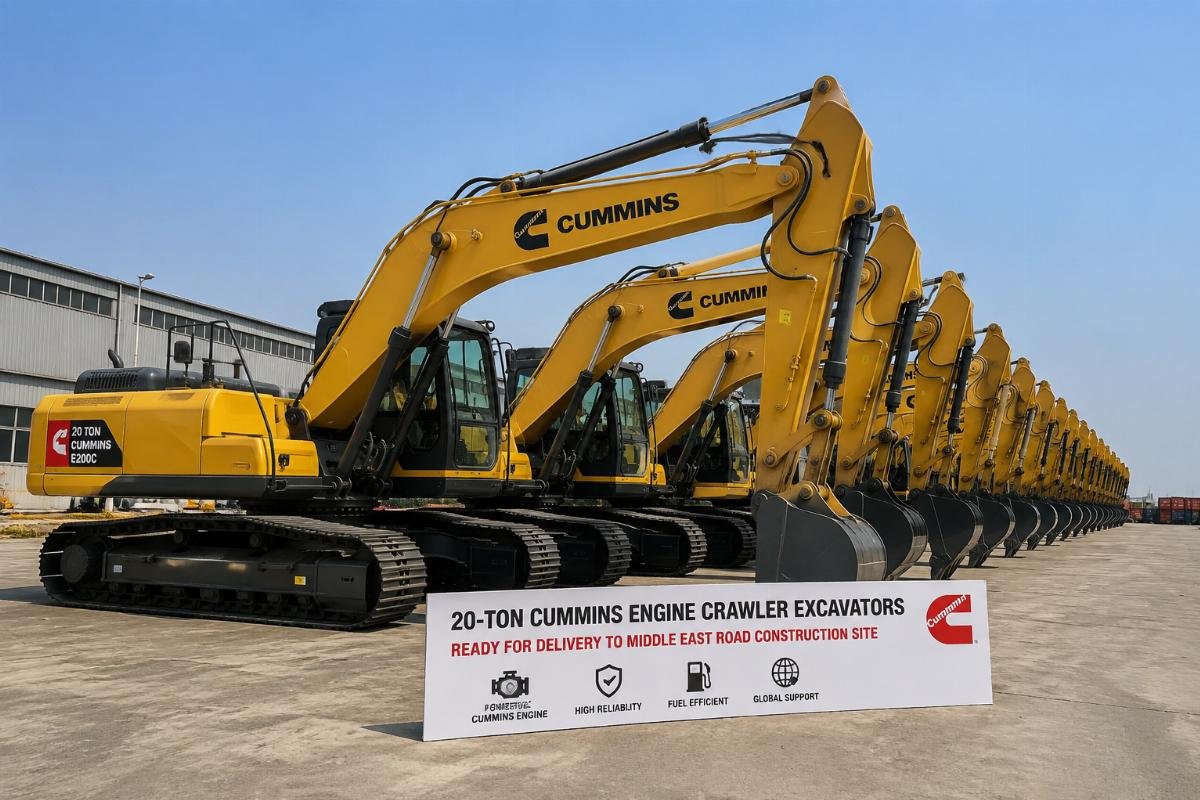 A fleet of 20-ton Cummins engine crawler excavators staged for delivery to a Middle East road construction site