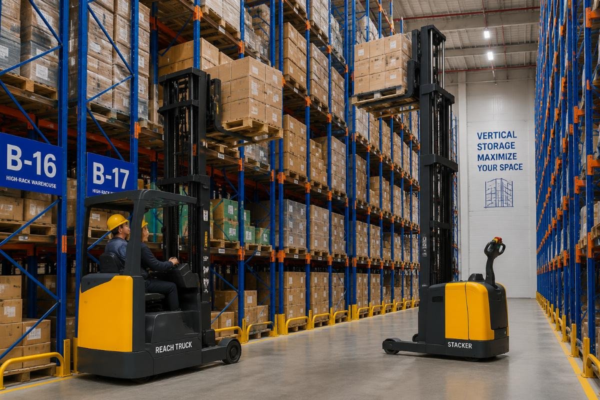 Reach truck and stacker operating in a high-rack warehouse vertical storage facility