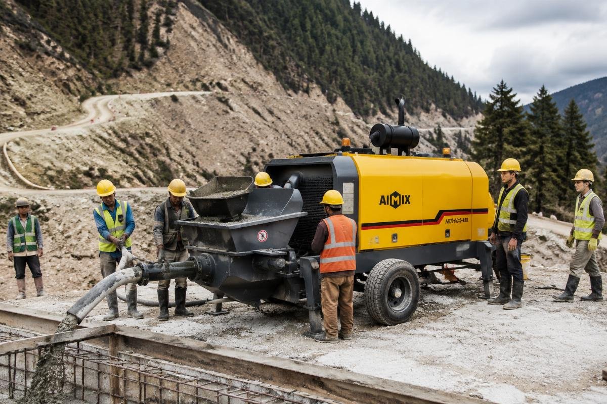 A team of construction workers operating a trailer-mounted stationary concrete pump at a remote road construction site