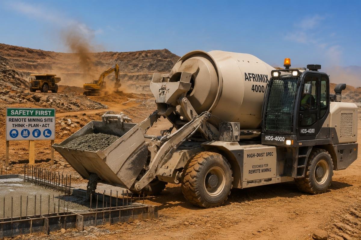 self loading concrete mixer for remote mining sites A custom high-dust specification compact self-loading mixer operating at a remote African mining site