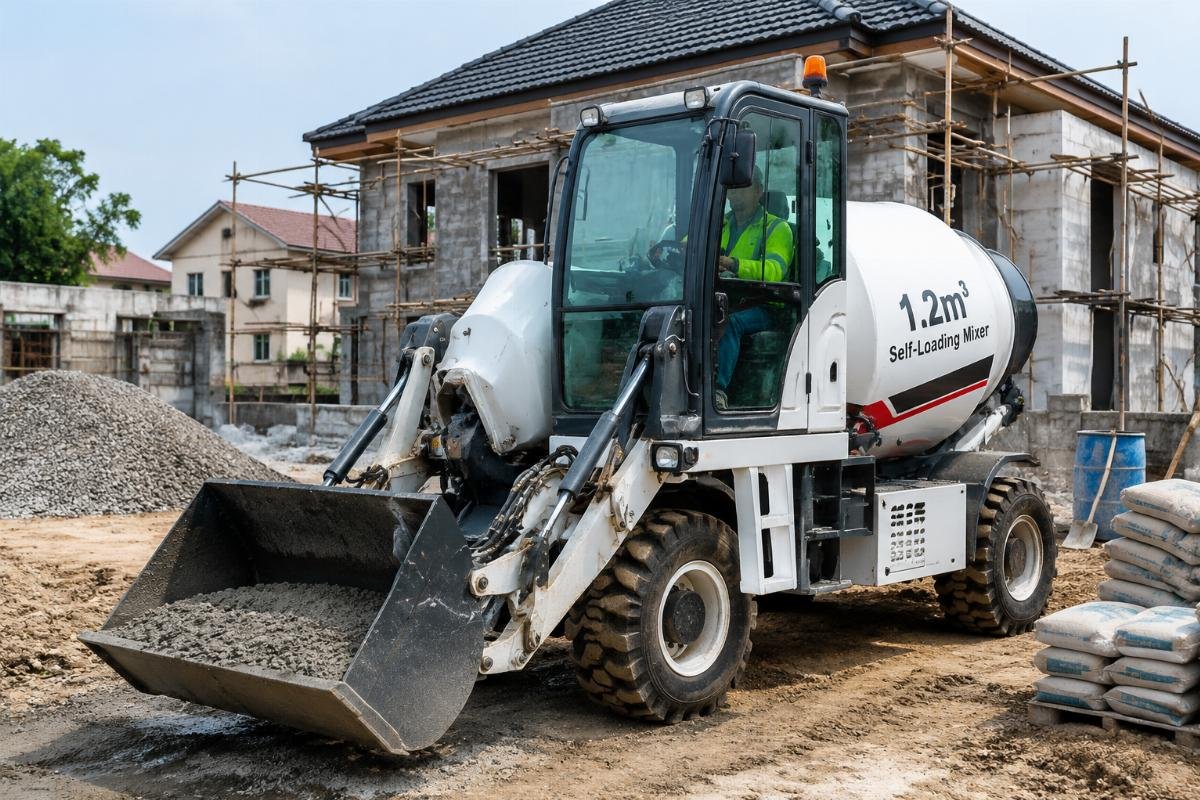 self-loading concrete mixer for small construction teams 1.2 cubic meter self-loading concrete mixer on a small residential construction site