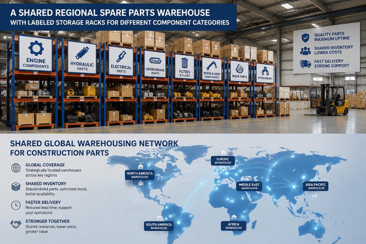 A shared regional spare parts warehouse with labeled storage racks for different component categories