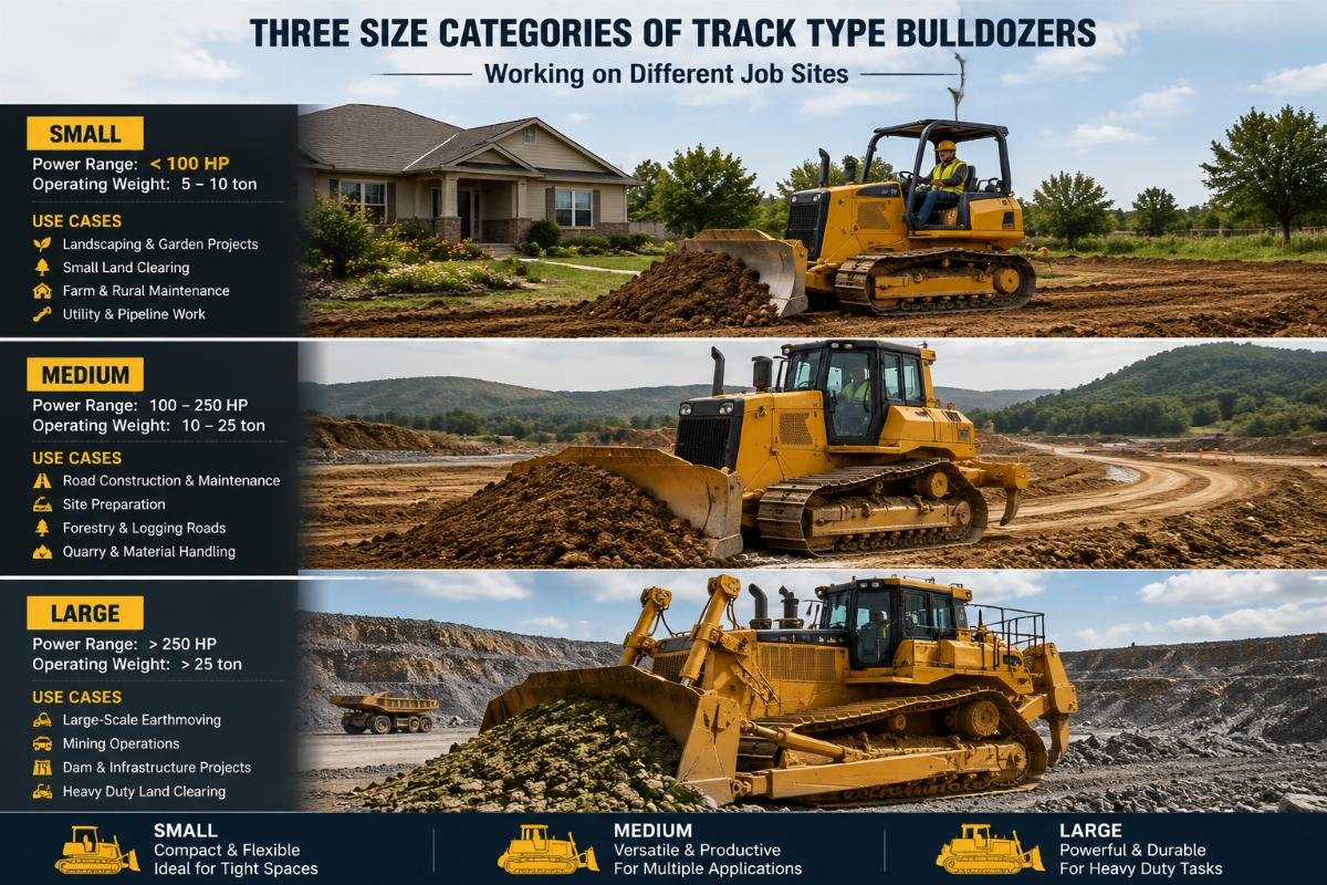 Three size categories of track type bulldozers working on different job sites