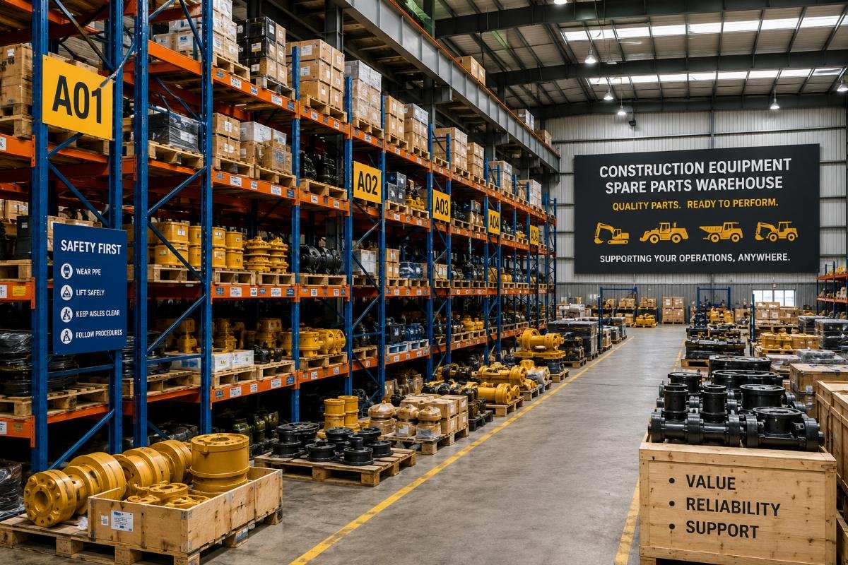 A regional spare parts warehouse for construction equipment with stacked inventory shelves