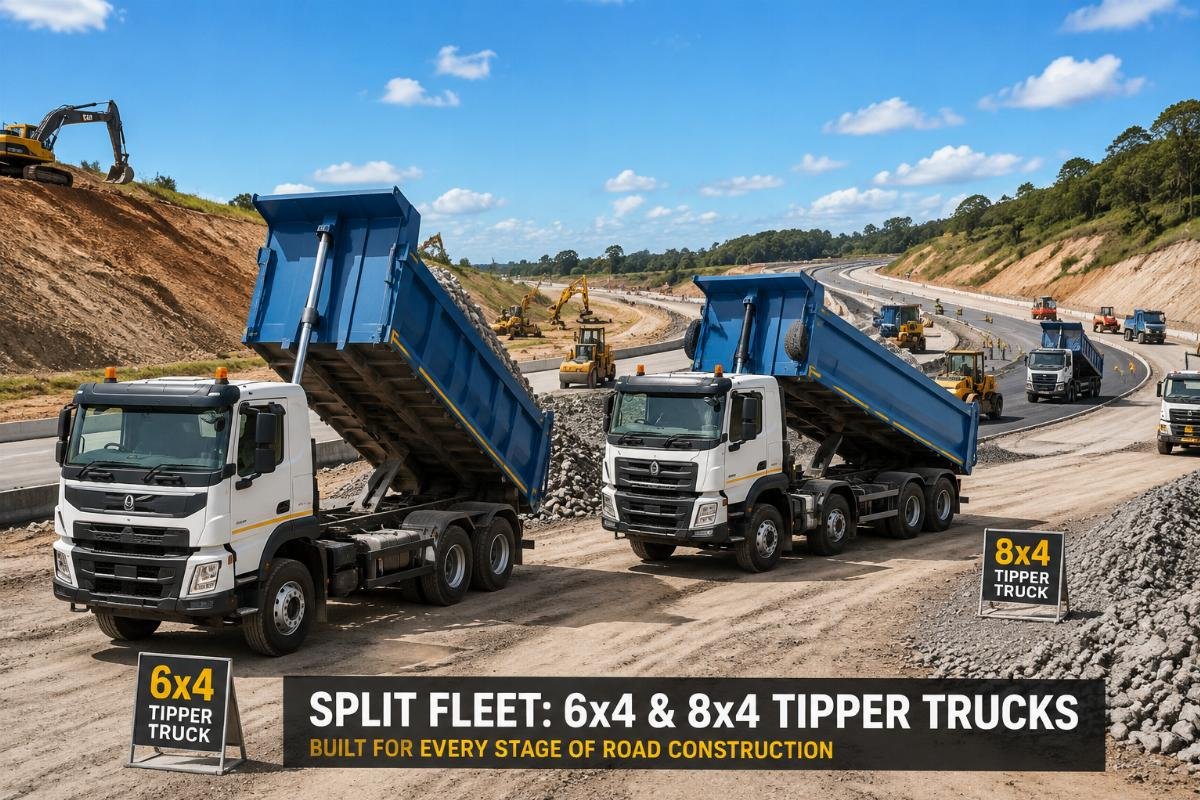 Split 6x4 8x4 tipper truck fleet for road construction Split fleet of 6x4 and 8x4 tipper trucks working on a highway construction project