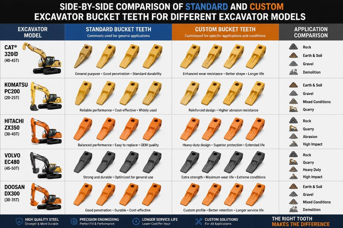 Side-by-side comparison of standard and custom excavator bucket teeth for different excavator models