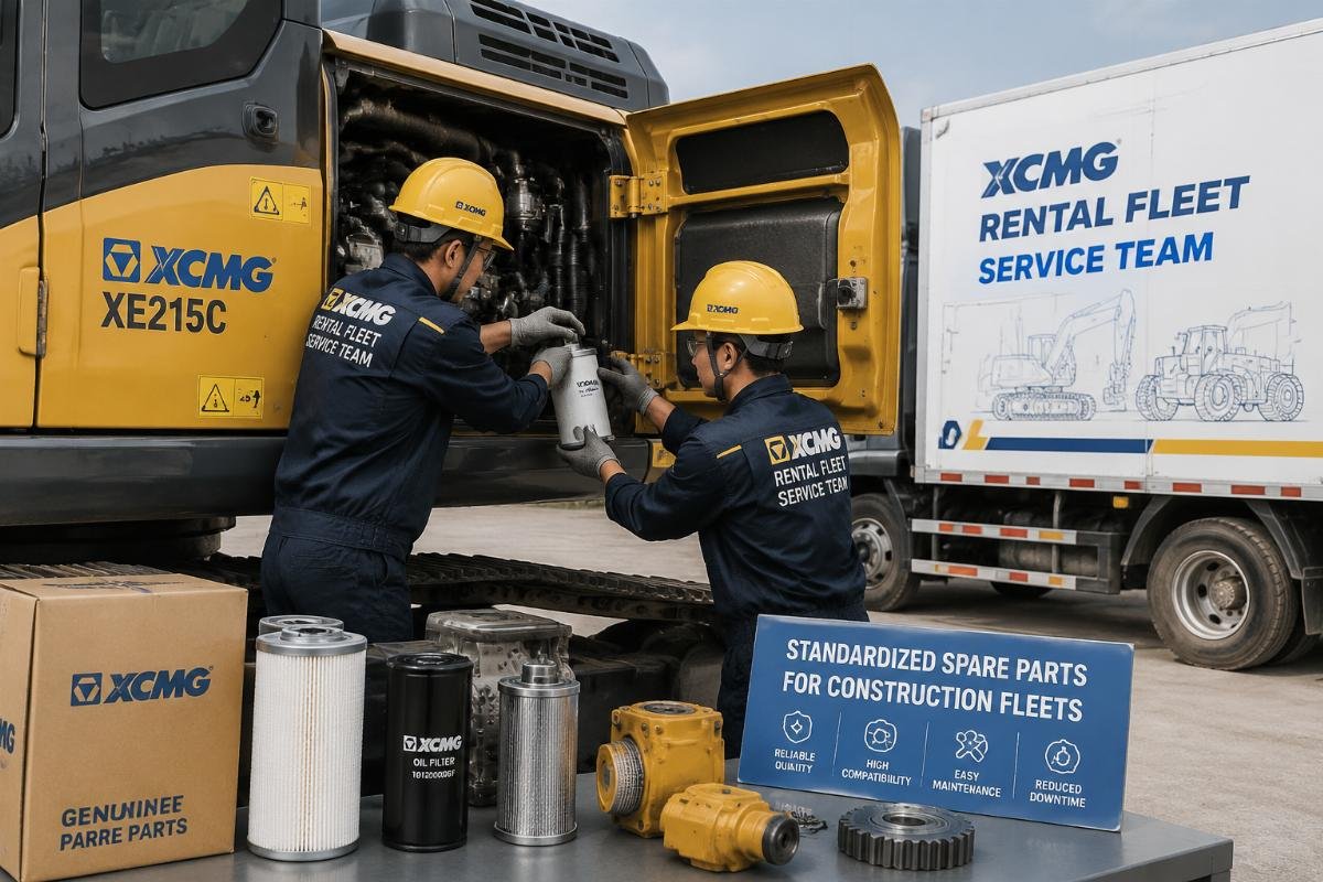 Rental fleet service team replacing a standardized component on a Chinese construction vehicle