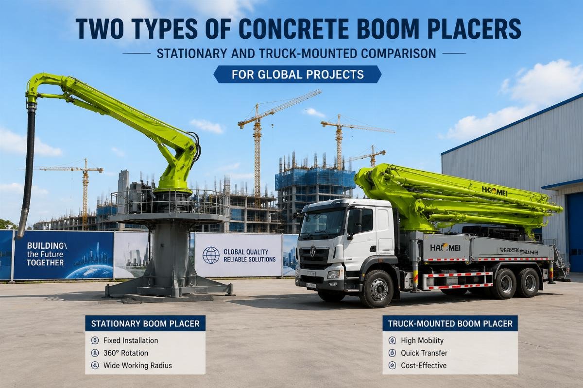 Two types of concrete boom placers displayed on a factory yard, with a construction site backdrop
