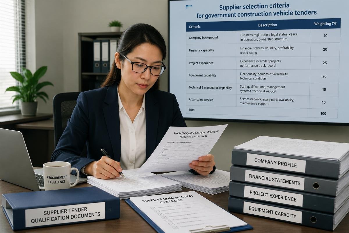 Supplier selection criteria for government construction vehicle tenders A procurement specialist reviewing supplier tender qualification documents