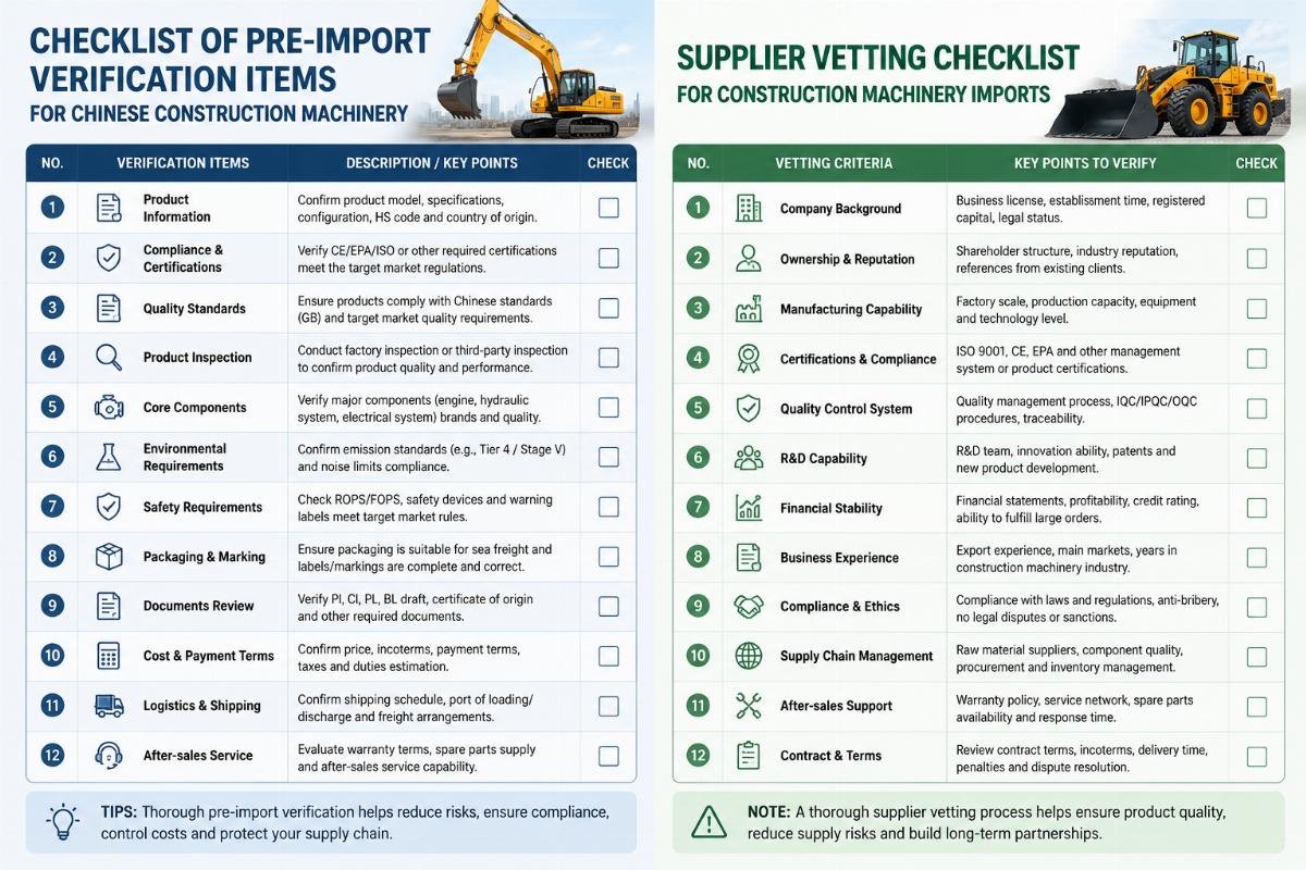 Checklist of pre-import verification items for Chinese construction machinery
