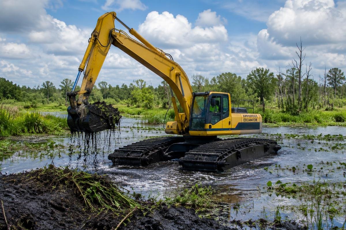 Amphibious excavator working in a deep swamp wetland site