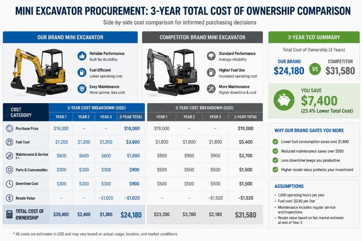 Side-by-side cost comparison infographic for mini excavator procurement across 3 years of ownership