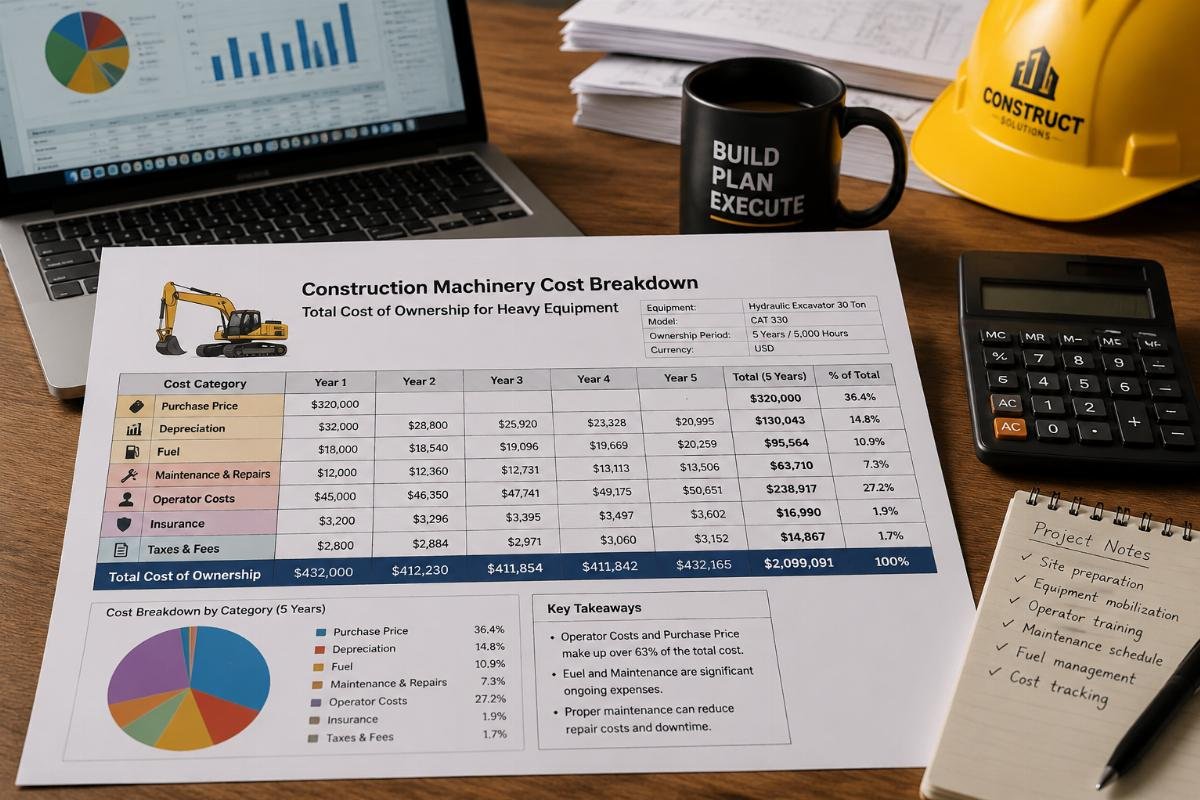 Total cost of ownership for heavy equipment Construction machinery cost breakdown spreadsheet on a contractor's office desk