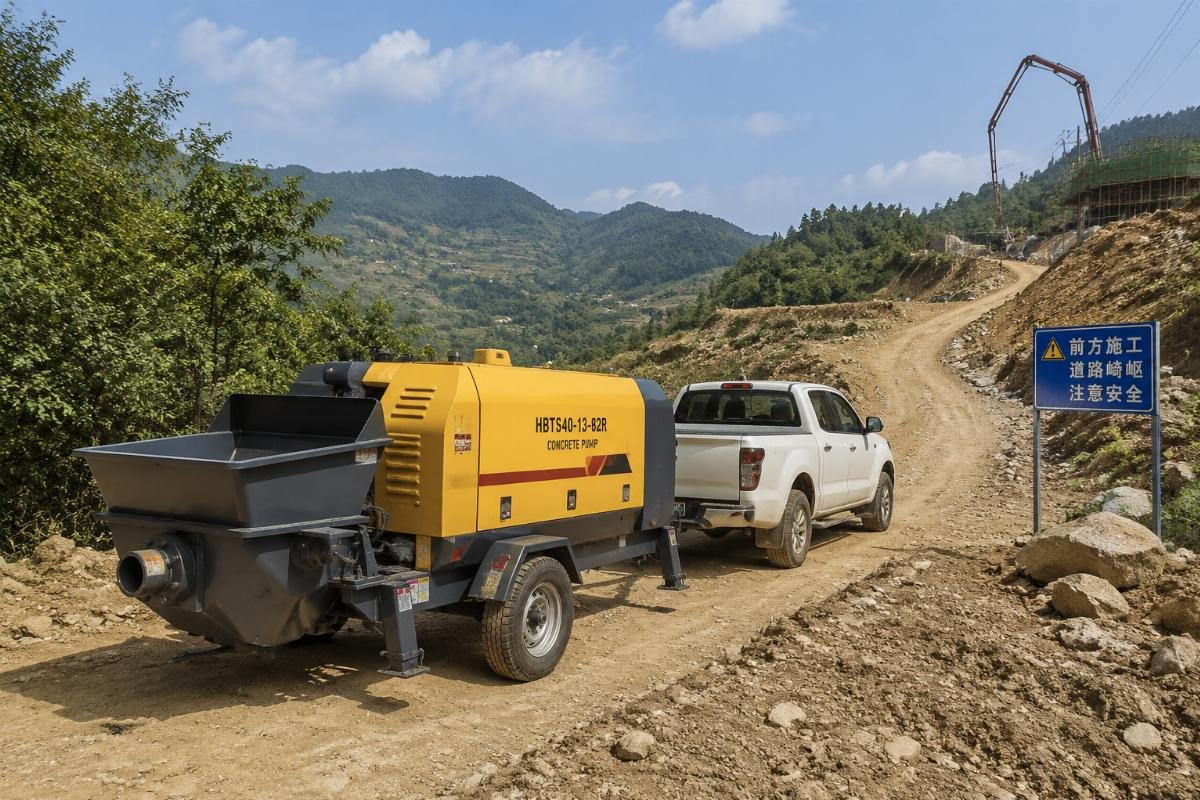 A trailer-mounted stationary concrete pump being towed along an unpaved rural access road