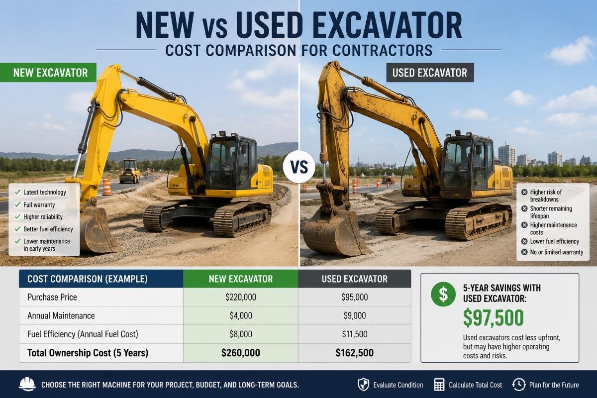 Side-by-side comparison of new and used excavators on a road construction site