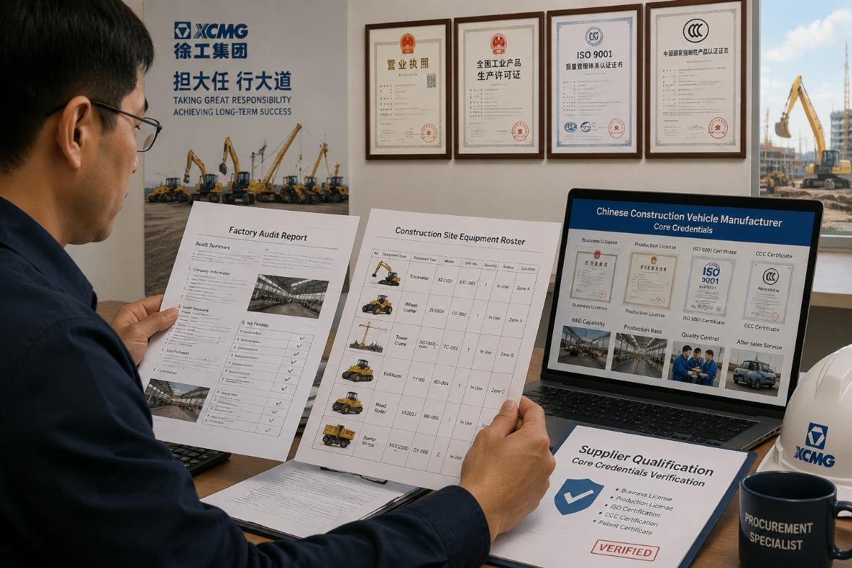 A procurement specialist reviewing factory audit documents alongside a construction site equipment roster
