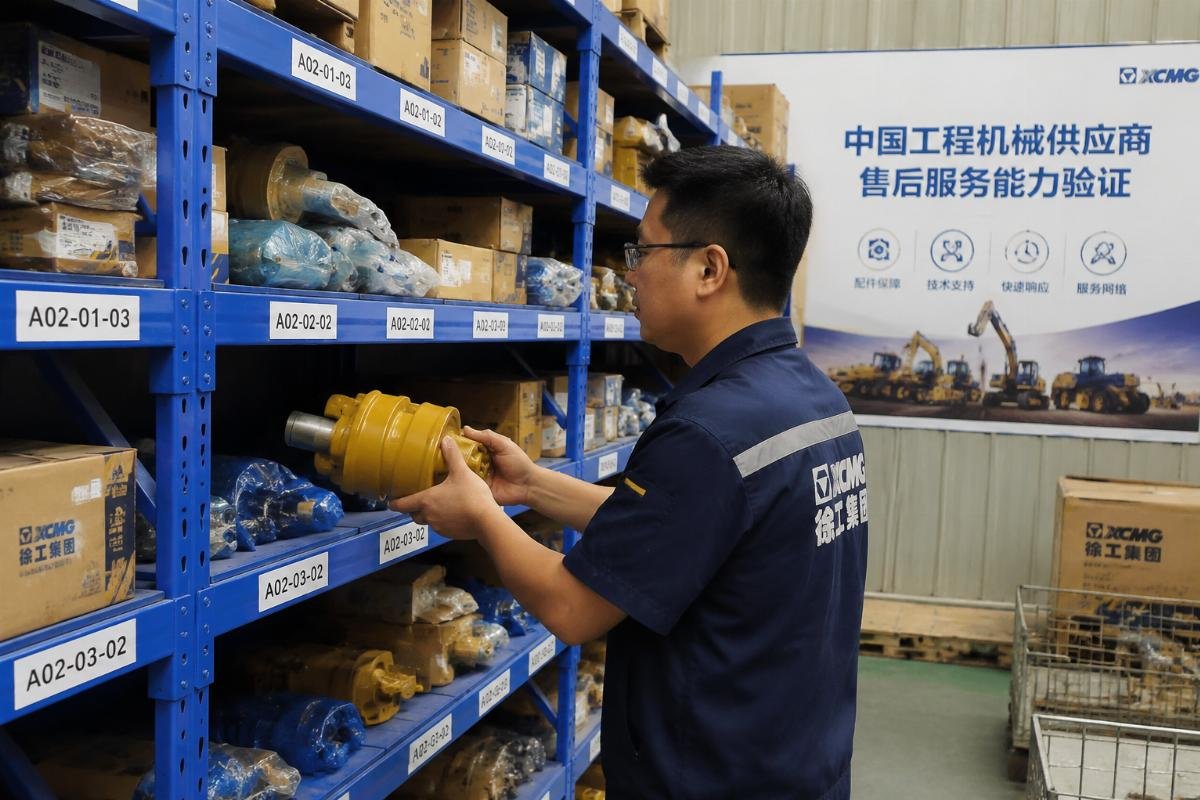 A parts warehouse staff member pulling a common construction equipment component from labeled storage shelves