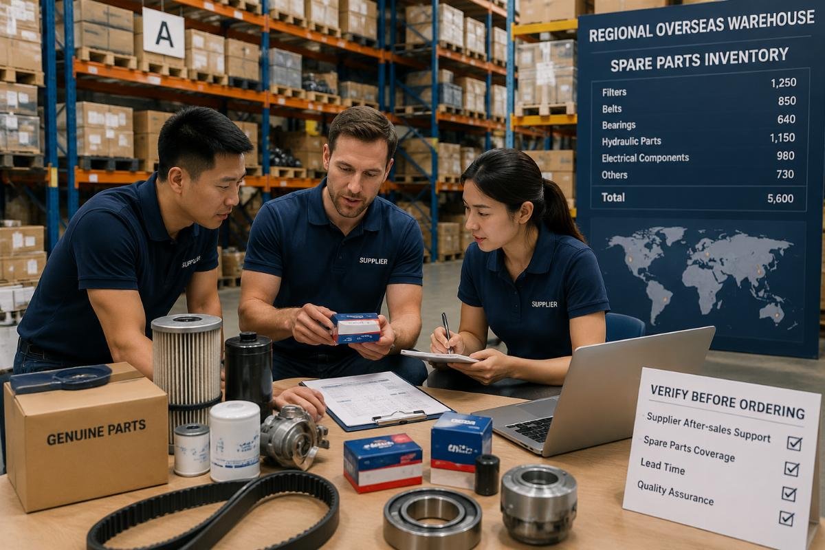 A supplier team reviewing spare parts inventory at a regional overseas warehouse