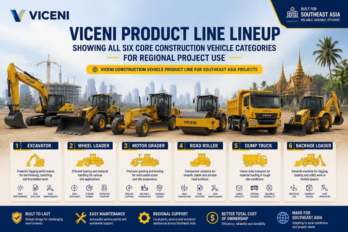 Viceni product line lineup showing all six core construction vehicle categories for regional project use