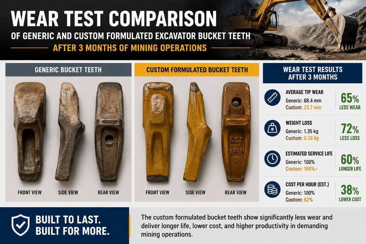Wear test comparison of generic and custom formulated excavator bucket teeth after 3 months of mining operations