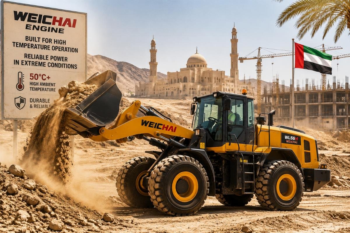 Weichai engine wheel loader for high temperature operation A Weichai engine wheel loader operating on a hot construction site in the Middle East