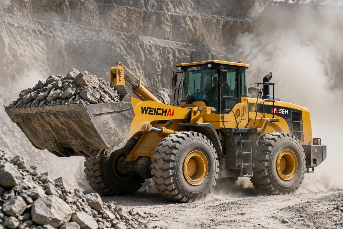 Weichai wheel loader for high dust quarry operations A Weichai engine wheel loader working in a high dust quarry environment