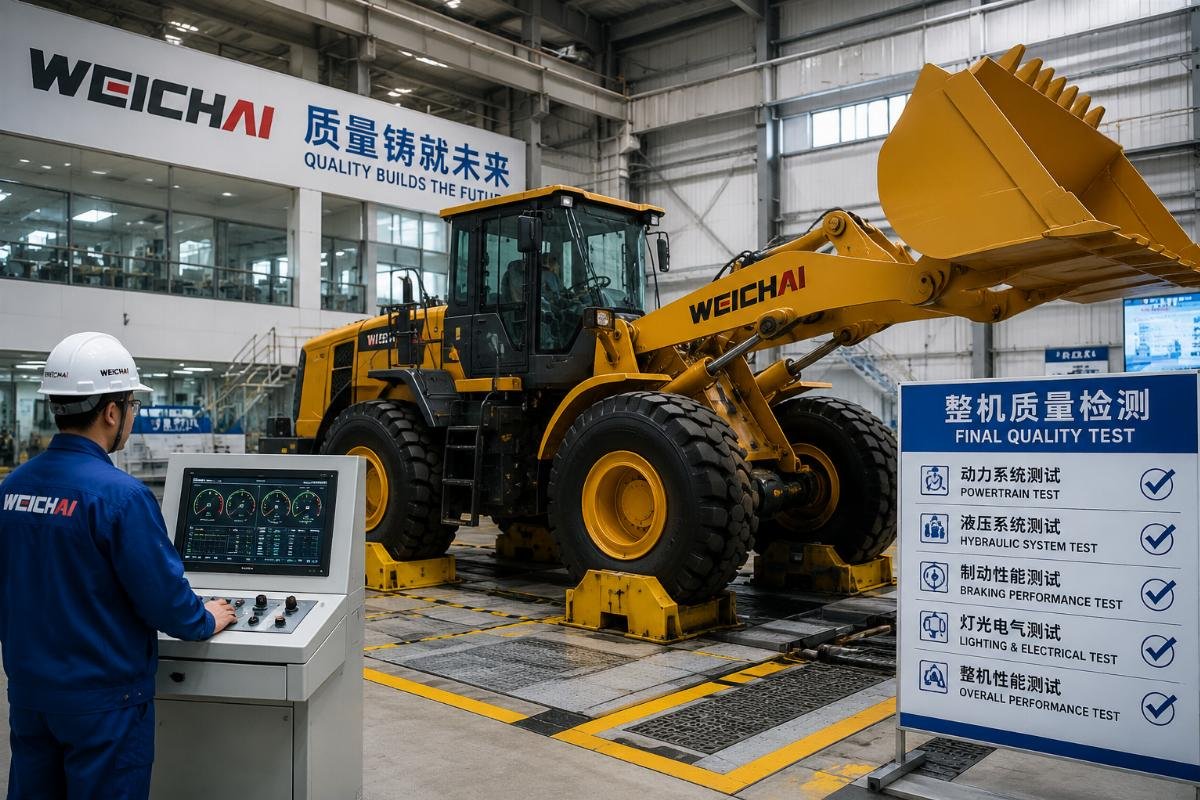 Weichai wheel loader quality control testing process A Weichai engine wheel loader undergoing final factory quality testing