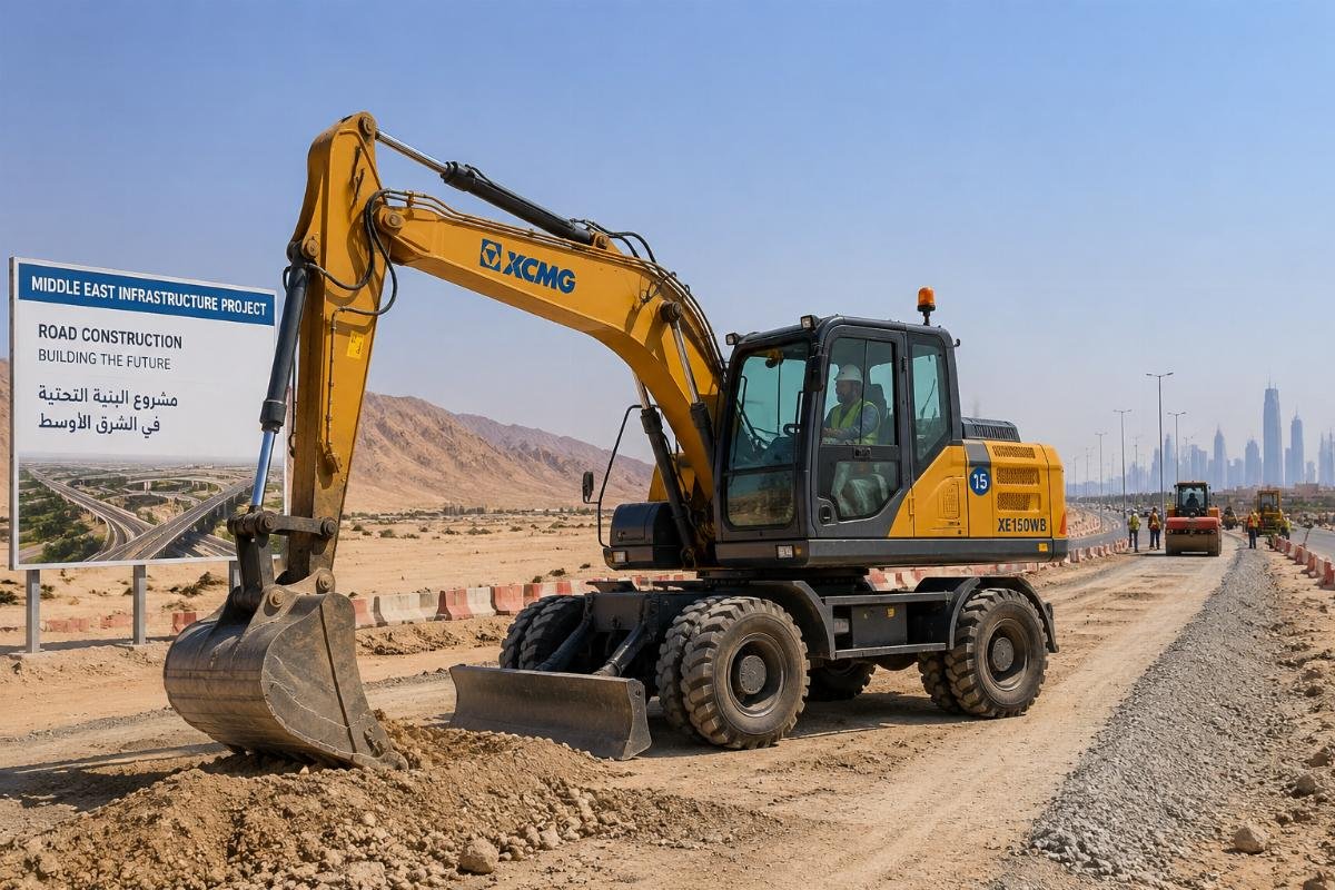 A 15-ton rubber tire wheel excavator operating on a desert road construction site