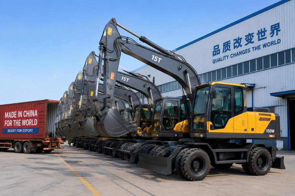 Wheel excavator ready for export from China manufacturing facility A fleet of 15-ton rubber tire wheel excavators staged at a factory loading yard for export
