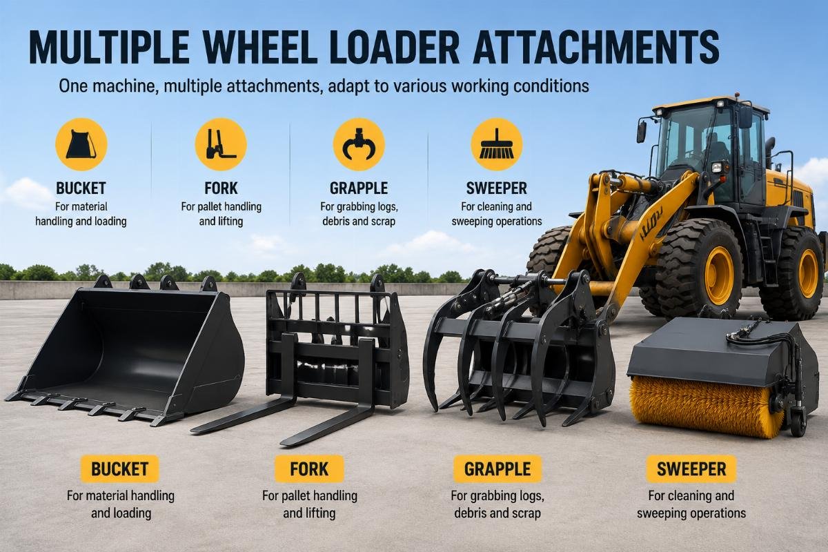 Multiple wheel loader attachments including bucket, fork, grapple and sweeper displayed side by side