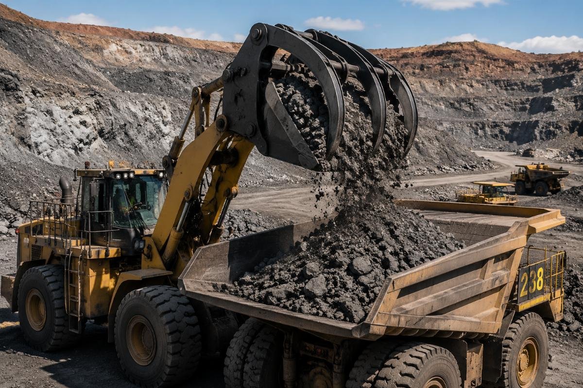 Heavy duty grapple attachment operating at an open pit mine loading ore into a haul truck